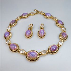VNTG NINA RICCI PARIS GRIPOIX DRAGON BREATH OPAL RHINESTONE NECKLACE & EARRINGS